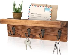 Rustic Wall Key Holder with 4 Hooks – Farmhouse Mail Organizer Brown Pine