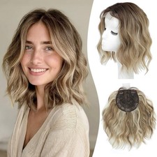 Golden Brown Bleach Blonde Highlights Short Wavy 10in Women Premium Hair Topper
