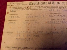 Vintage Historical Oregon Document 1954 GMC Pickup