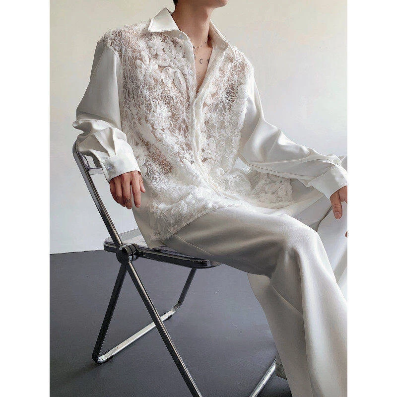 Mens Flower Hollow Lace Pearl Luxury Dress Shirt Long Sleeved Loose Casual Shirt - Image 3 of 4