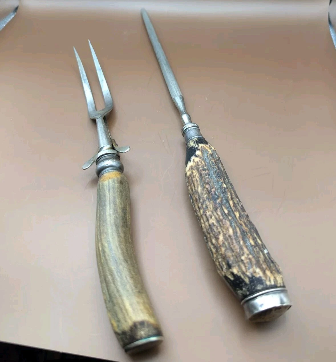 Antique Antler Handle Sterling Silver Honing Rod+Bbq Grilling Smoker Fork