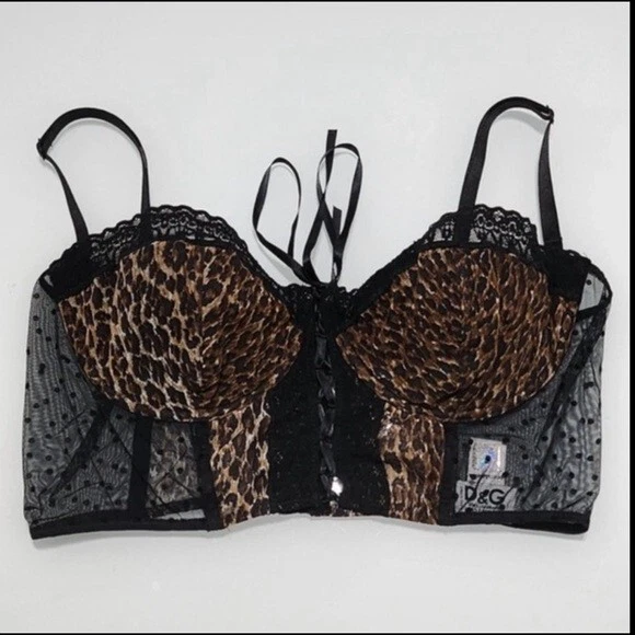 Corsé Bustier Dolce & Gabbana Años 90 Negro Estampado Animal Malla Con Cordones 38D Mediano L Foto 3 de 4