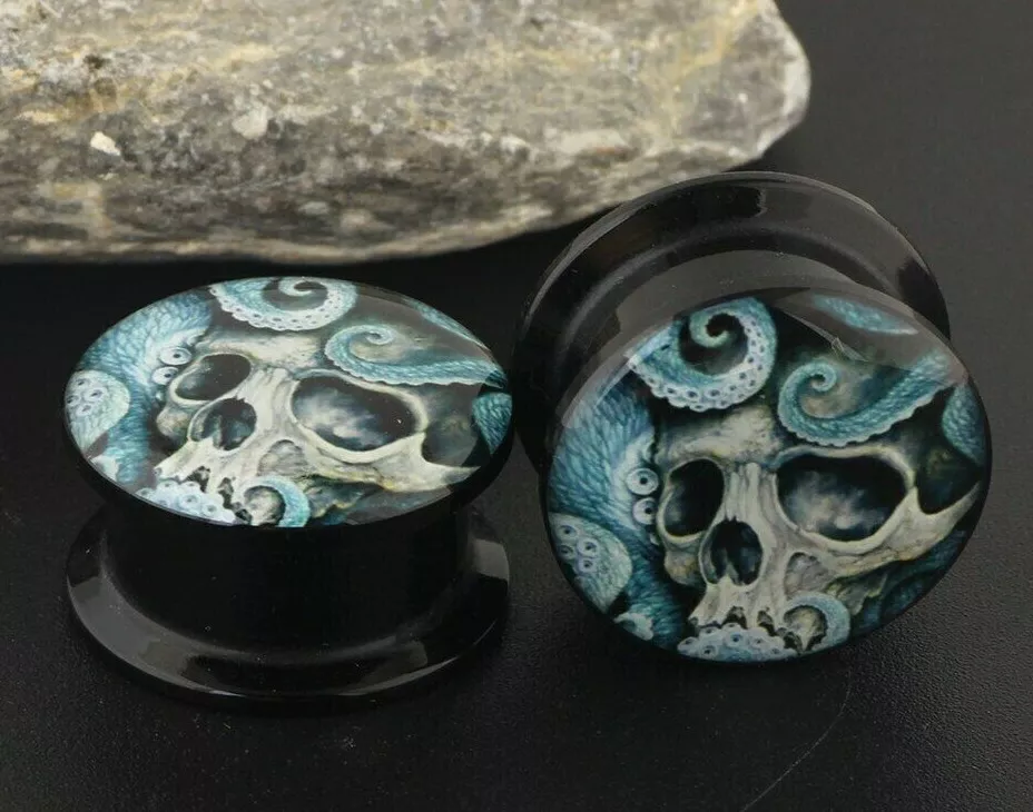 4 16mm Skull Kraken Screw Fit Tunnel Ear Plugs Earring Logo Sea Octopus Pirate
