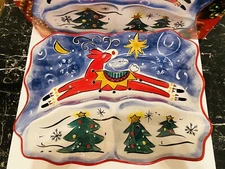 New REINDEER IN THE SKY CHIp & DIP Large PLATTER CLAY ART 16X12” REIN DEER NIB