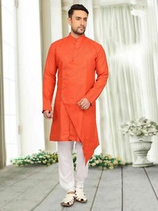 Indisch Orange Farbe Traditionell Kleidung Herren Kurta Knopf Kleid Ebay