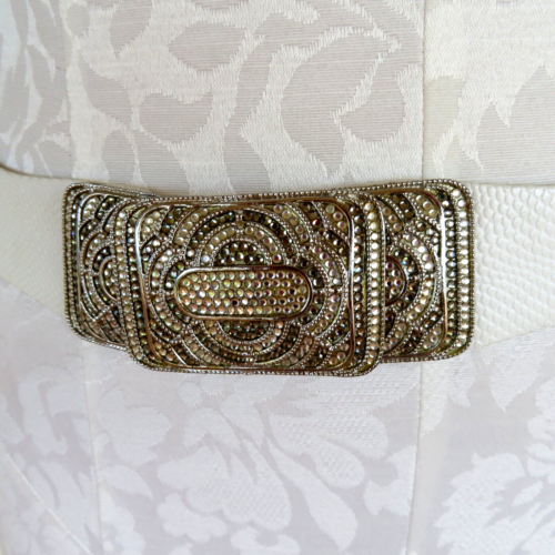 Judith Leiber White Leather Large Swarovski Crystals Buckle Belt 36" Vintage EUC