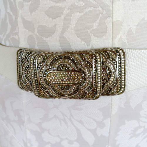 Judith Leiber White Leather Large Swarovski Crystals Buckle Belt 36" Vintage EUC - Afbeelding 1 van 8