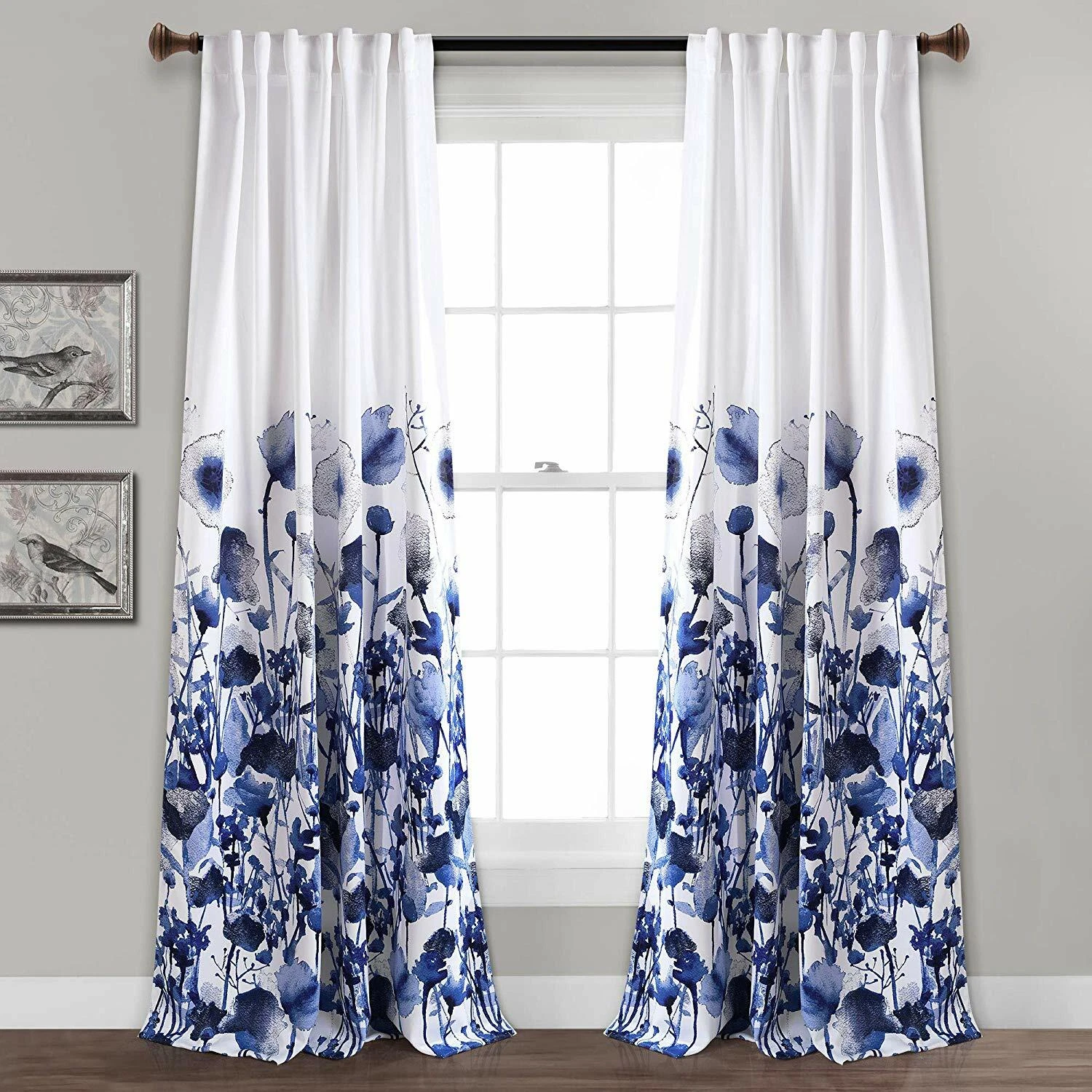 Set 2 Navy Blue White Spring Floral Curtains Panels Drapes 84 inch L Darkening