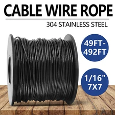 7x7 Stainless Steel Cable Wire Rope Black Vinyl Coated 480lbs Breaking Strength