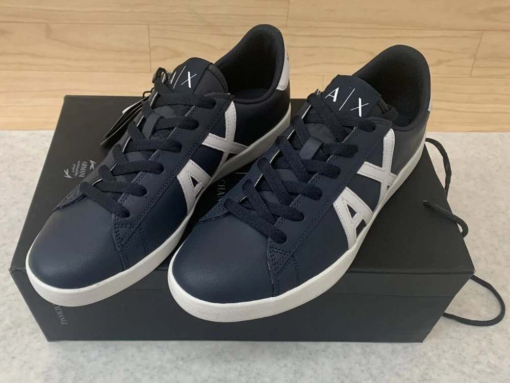 Armani Exchange Men s Leather Logo Sneaker Navy Optic White Choose Size XUX016