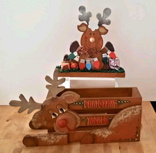 Two Christmas Painted Wood Reindeers Holiday Table Home Decor