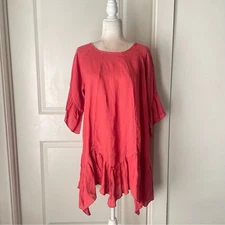 Match Point Linen Coral Rust Asymmetrical Handkerchief Hem Tunic Top Size L