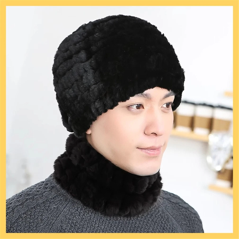 100% Real Rabbit Fur Hat and Scarf Thicken Winter Warm Knitted Cap for Men