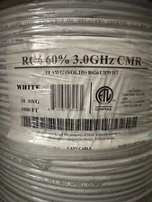 RG6 Coaxial Wire, 60%, 3.0 GHz, 18 AWG, White, 1000 Ft