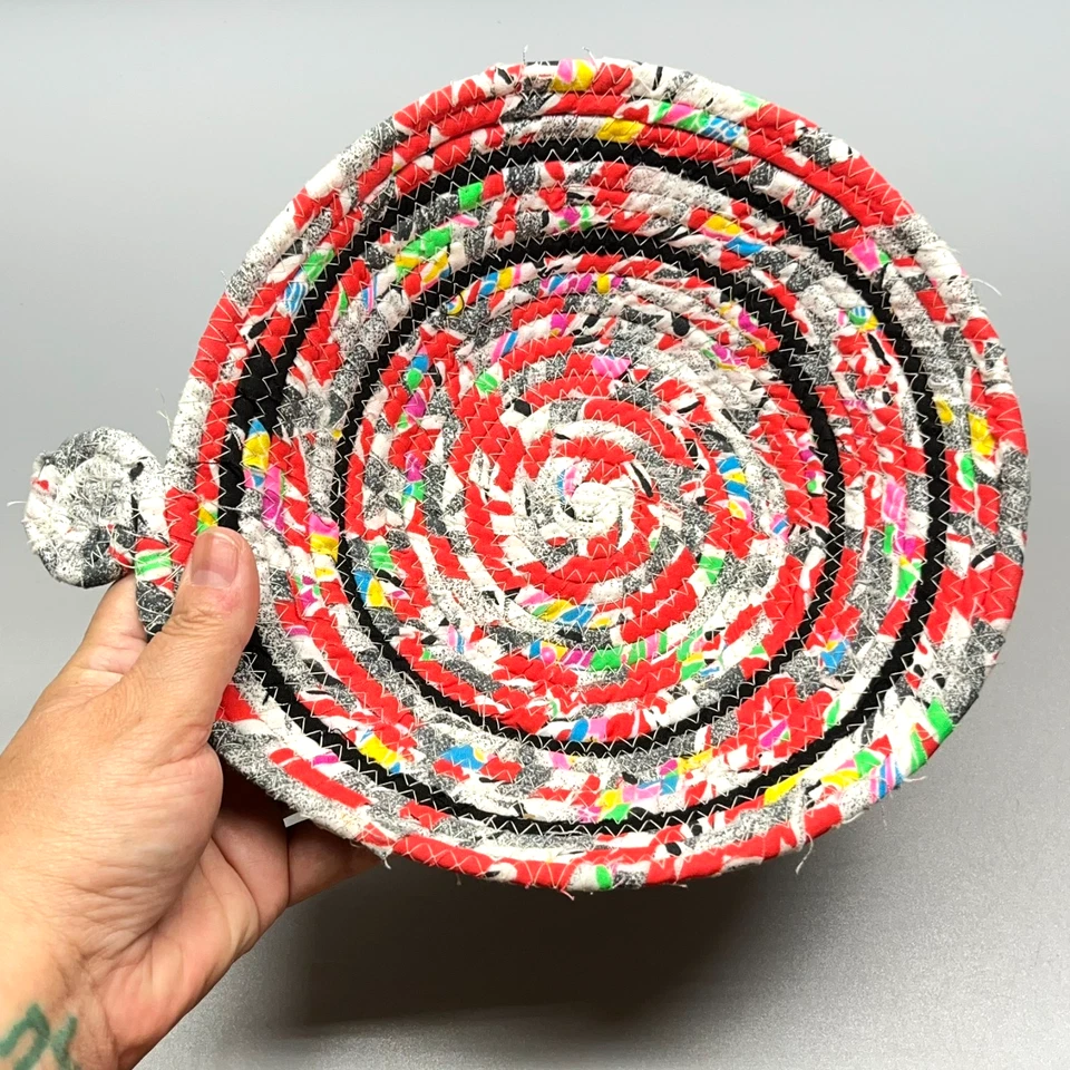 Upcycled Boho Coiled Fabric Rope Bowl Basket Multicolor Red w/Black Circles 9x3 - Image 2 of 4