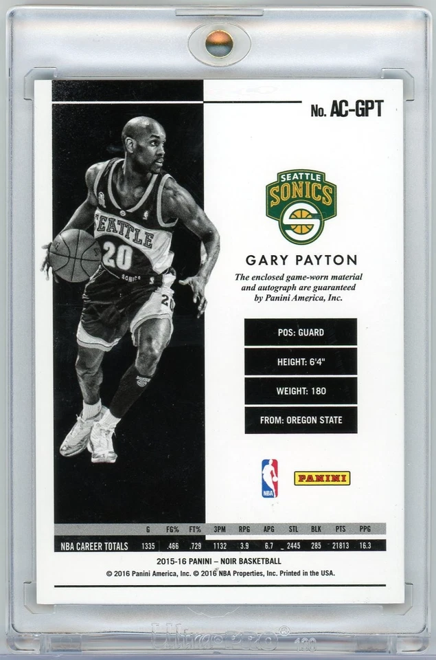 Parche tricolor Panini Noir Gary Payton 2015-16 usado en juegos tinta dorada automático/25 Foto 2 de 2