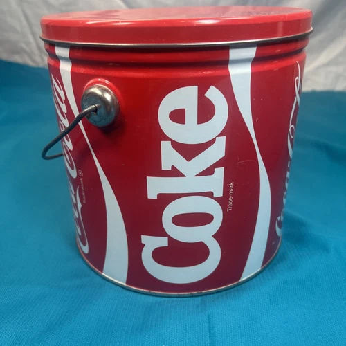 Coca-Cola Coke Round Red Metal Tin Bucket Vintage 2000 w/Handle Collectible 7"