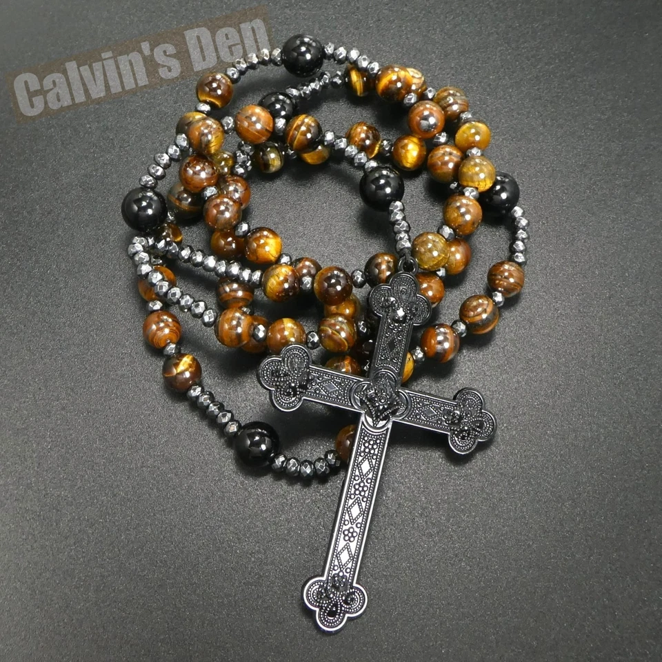 Tiger Eye Black Onyx Beads Gothic Punk Rock Cross Rosary Necklace Heavy Men Gift - Image 3 of 4