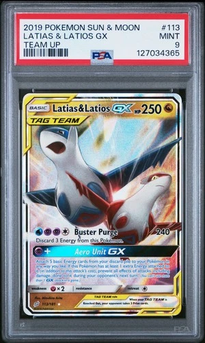 2019 POKEMON SUN & MOON TEAM UP #113 LATIAS & LATIOS GX PSA 9
