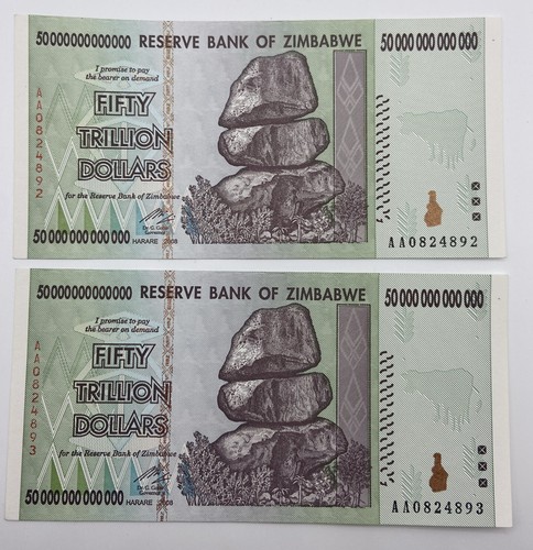 2008 Zimbabwe 50 Trillion Dollars Two Consecutive UNC Banknotes AA Prefix