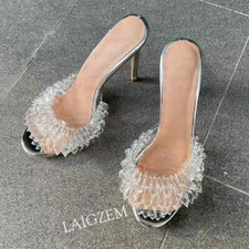 Women Pumps Open Toe Clear Slip On Mules Thin High Heels Sandals Party Prom Shoe