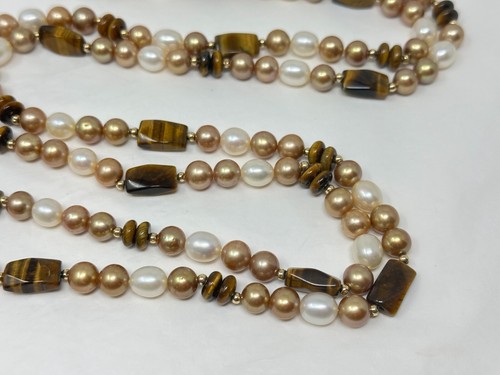 Vintage 14K Yellow Gold White Golden Freshwater Pearl Tiger's Eye 52" Necklace - 第 7/11 張圖片