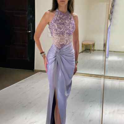 sachin and babi light blue dress Leaf of Luxury Silk Halter Dress