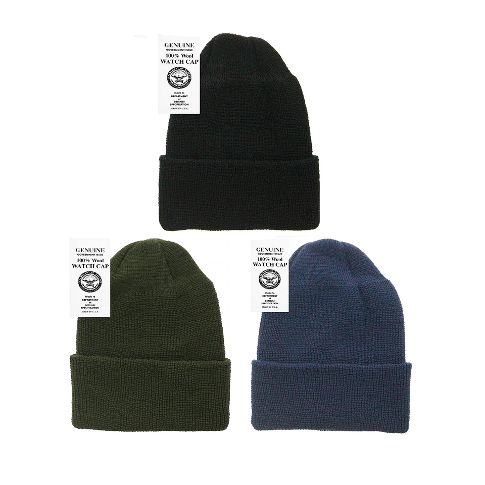 Paquete de 3 gorras de reloj 100 % lana - contratista gubernamental, hechas en Estados Unidos, negras, azul marino y OD Foto 2 de 2