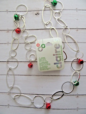 Claire's Christmas Red  Green Bells Silver Tone 17" Necklace FREE Storage Pouch