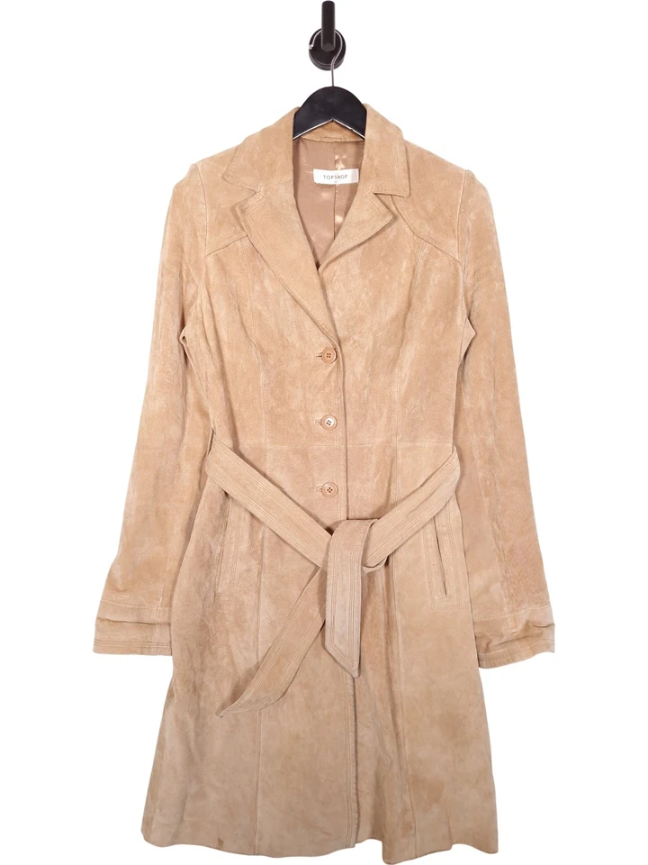 Topshop Leather Trench Coat Size UK 12 Women's Cream Button Belted Long