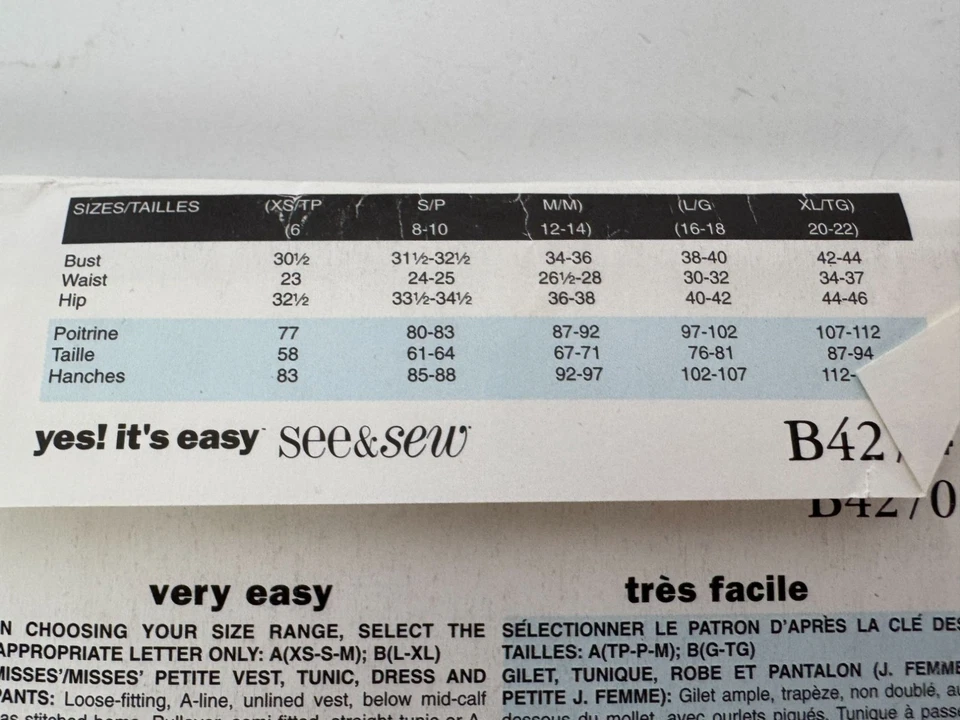 Butterick See and Sew Sewing Pattern B4270 Vest Tunic Dress Pants L XL 16-22 UC - Image 4 of 4