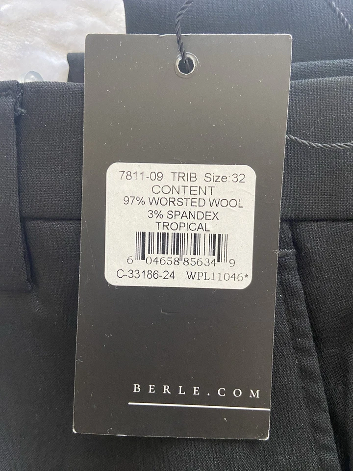 BERLE mens TROPICAL WOOL dress Pants 32 black Modern Fit - Image 2 of 4