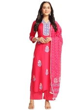 GoSriKi Women's Rayon Viscose Printed Straight Kurta with Pant & Dupatta