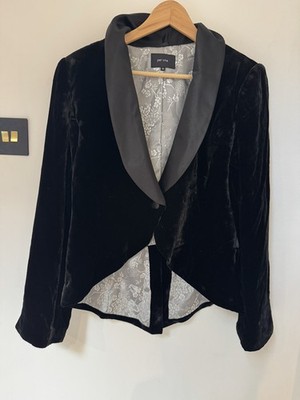 M&S Per Una Black Silk Velvet Fitted Lined Jacket With Tails Size 16