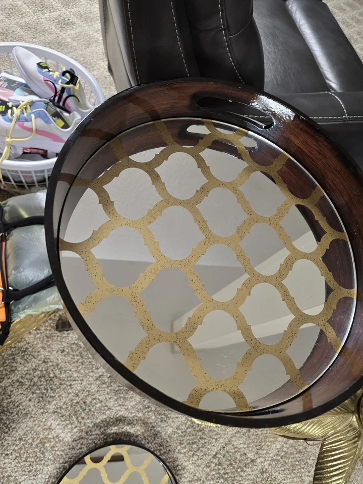 Pair Fuzhou Rirong imports 14 inch Hard Wood & Mirror Glass Round Serving Tray - Image 3 of 4