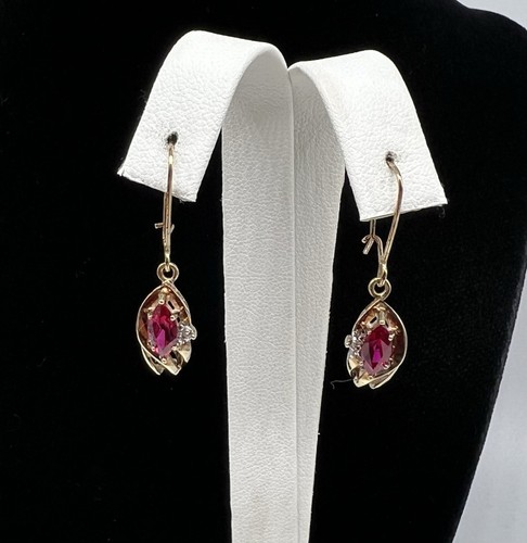 10k Yellow Gold Ruby Diamond 1” Dangle Pierced Earrings 2.9 Gr