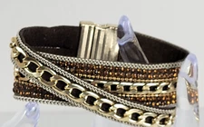 Gold-Tone Multi Chain Charm Leather Cuff Bracelet 7 In Magnetic Clasp