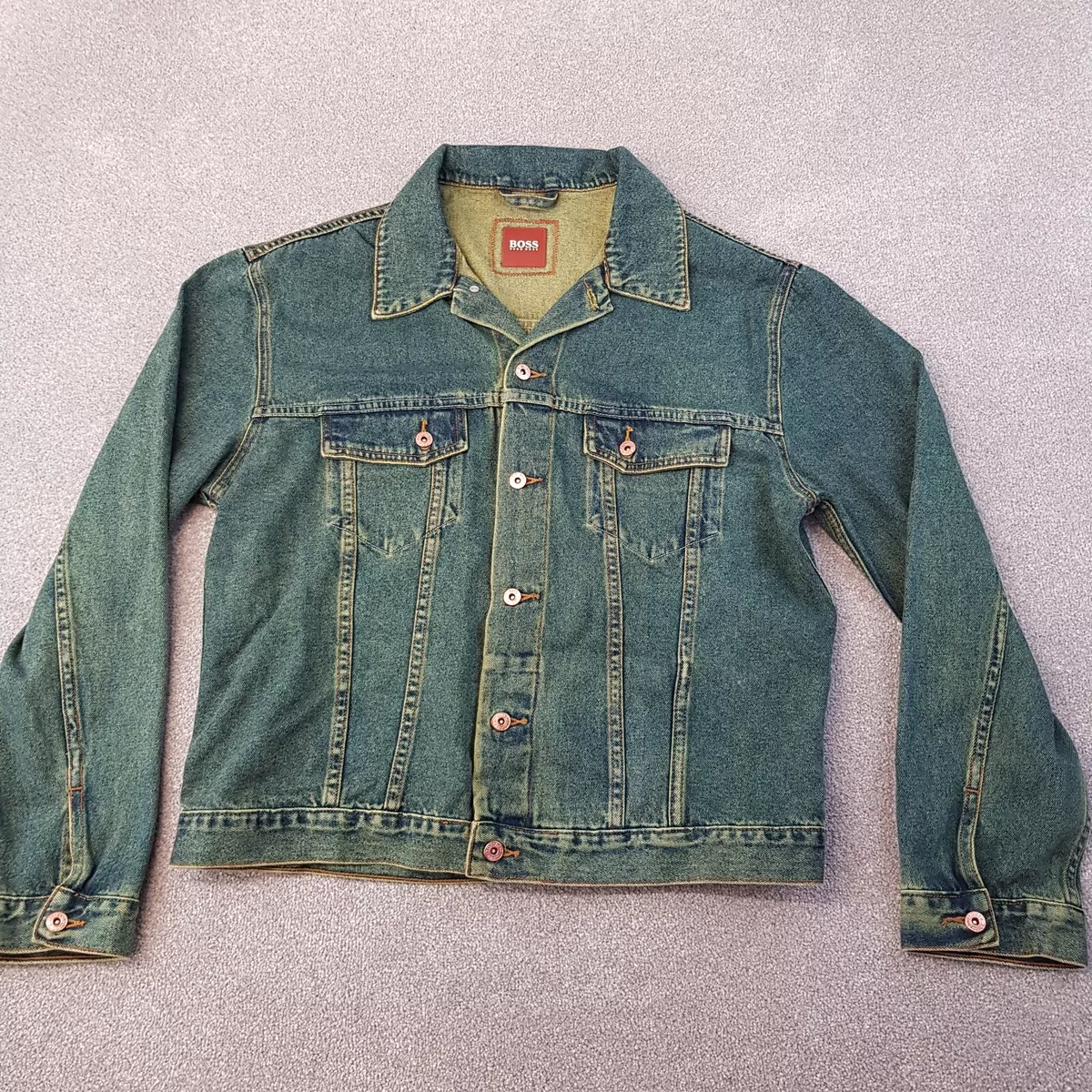 Hugo Boss Mens Denim Jacket Large Blue Green Biker Bomber Vintage Y2K HB7 W54