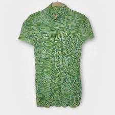 Vtg Y2K Sweet Pea Short Sleeve Mesh Top S/M Green Blue Geometric