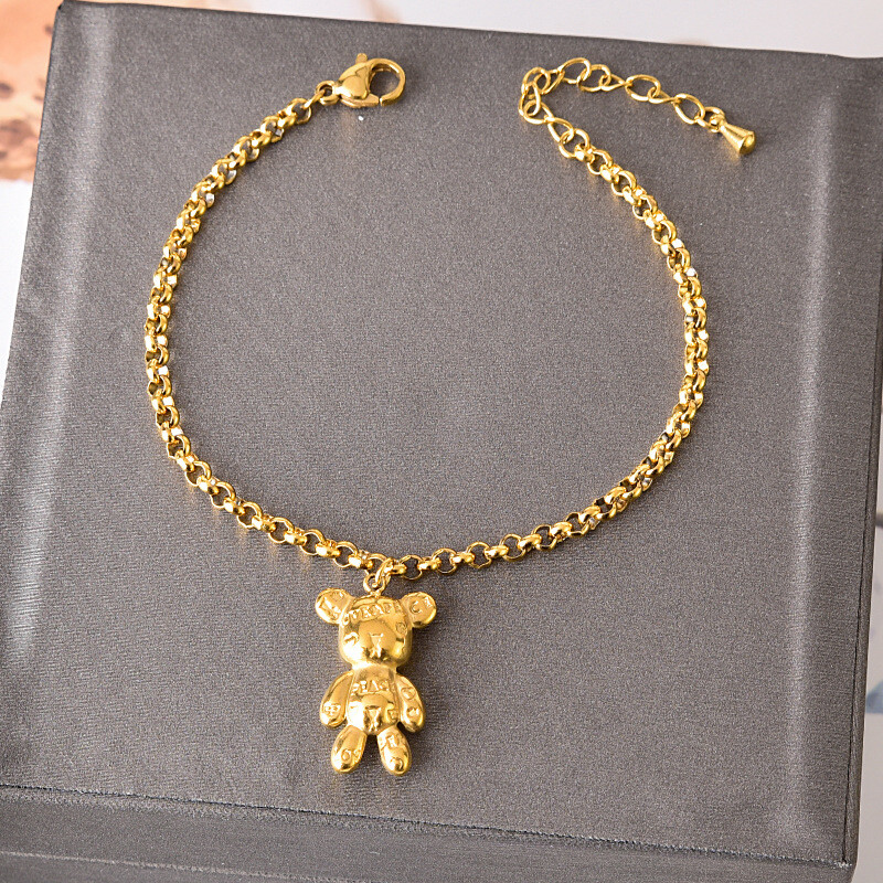 Cute 18K Gold Plated Bear Charm Bracelet for Women Stainless Steel