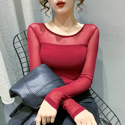 Damen Netz Spleißen Shirt durchsichtig Langarm schmale Basis T-Shirt Tops Unterteil Bluse - Bild 17 von 28