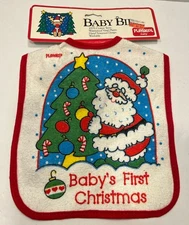 Vintage Playskool Baby’s First Christmas Bib Terry Cloth Vinyl W/Ties Santa Tree