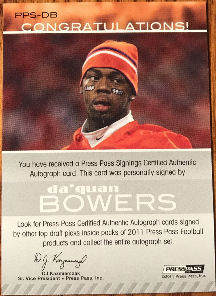 2011 Press Pass Autographs GOLD SP Da’Quan Bowers PPS-DB #’d 57/99 - Image 2 of 3