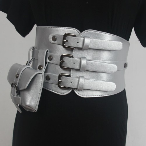 Lady Faux Leather Corset with Pocket Buckle Waist Belt Wide Waistband Punk Retro - Picture 2 of 17