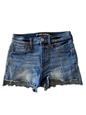Express Jeans Shortie Denim Cut Off Shorts Blue Distressed SZ 0 26  Waist EUC