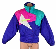 Vtg 80s SKI JACKET WINTER COAT BY FERA 10 Batwing Black Colorblock Neon Smocked