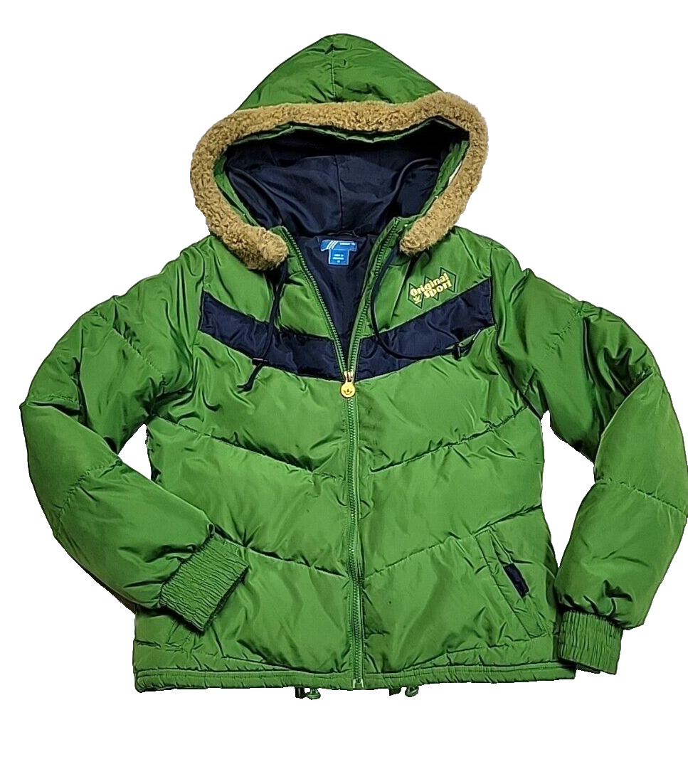 Adidas Three Striped Logo Green Striped Quilted Insulated Jacket 