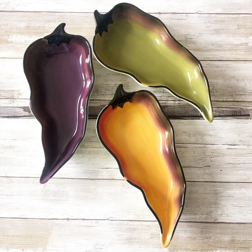 3 piezas de arcilla Art La Mesa pintada a mano de cerámica pimientos picantes chip and dip artículos para servir Foto 3 de 4