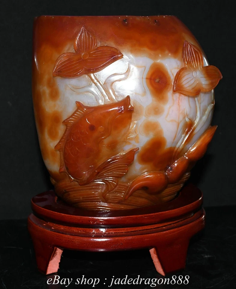 9.2" Marca China Rojo Blanco Ágata Talla Peces Flor de Loto Pluma Contenedor Maceta Foto 4 de 4