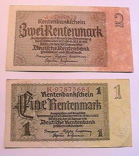 1937 Germany Pair 1 &amp; 2 Mark Ch AU Original Paper Money Banknote German Currency
